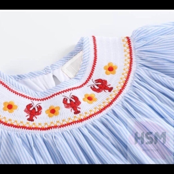 🦞Smocked Pinstriped Crawfish Bishop Embroidery Blue Dress 1522 - Picture 4 of 4